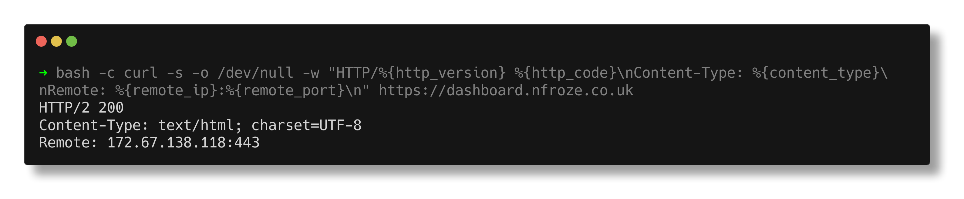 curl showing HTTP 200 response from dashboard.nfroze.co.uk via Cloudflare edge