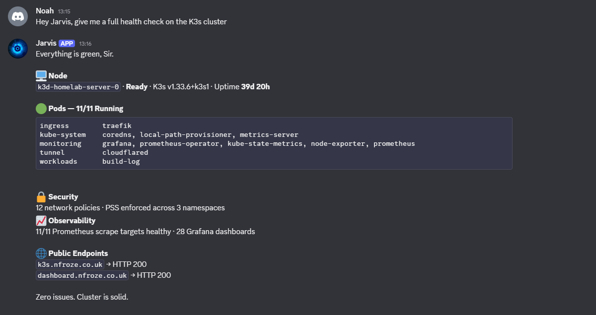 Discord conversation showing live cluster health query and response